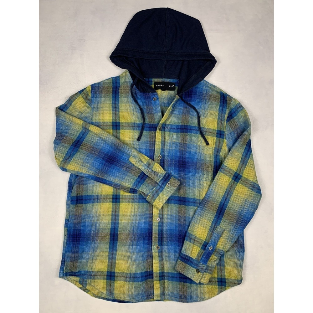 Edgar Ash Hooded Flannel Shirt Mens L Blue Yellow Plaid Button Down